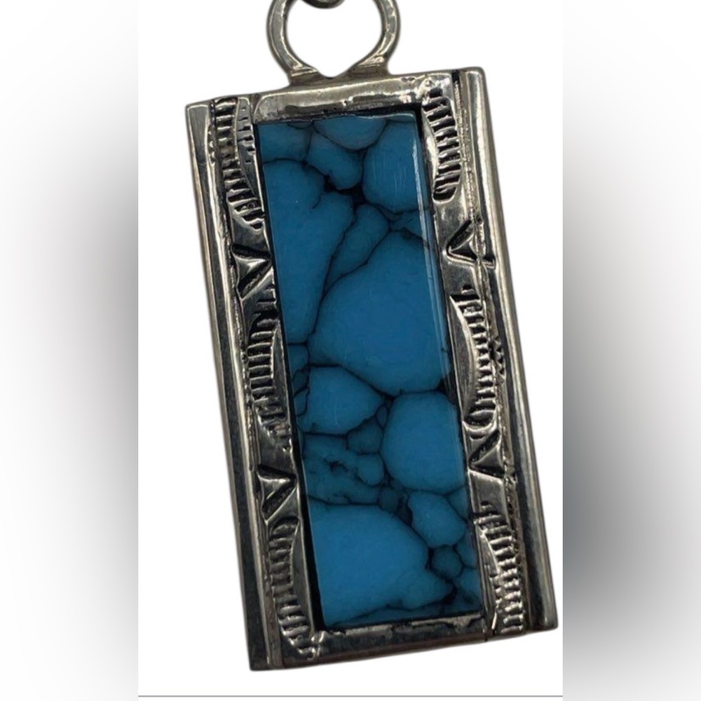 Native American crafted Turquoise and Silver Rectangular Earrings - Picture 2 of 4